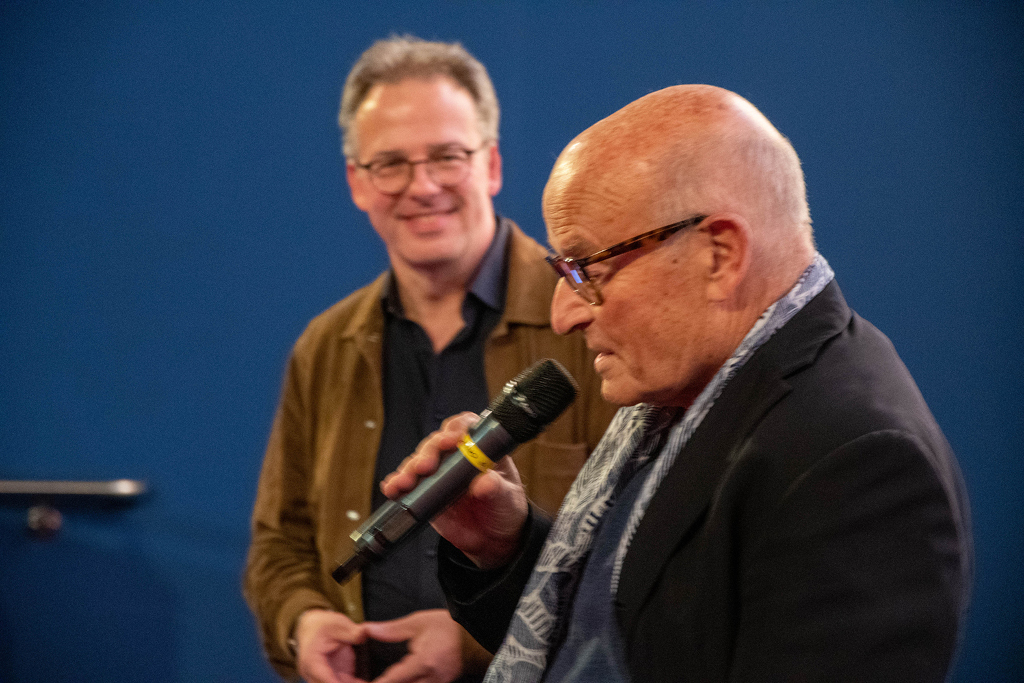 Volker Schlöndorff im Filmgespräch mit Michael M. Kleinschmidt beim KFF-Spezial 2022 (Bildrechte: Michaela Kiepe)